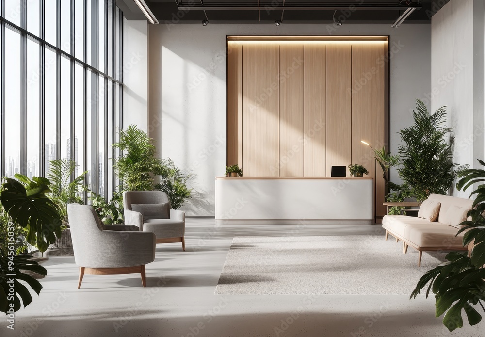 Modern Lobby Interior Design with Wooden Wall and Plants Modern Lobby Interior Design with Wooden Wall and Plants