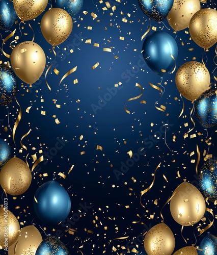Celebration gold and blue balloons, confetti and ribbons. Festive background for birthday, anniversary, new year, christmas theme. Generative Ai 