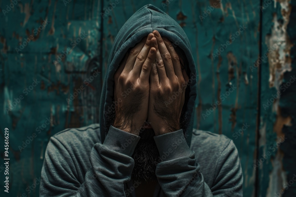 © Fotograf - A person wearing a hoodie covering their face with their hands, possibly for privacy or to conceal their identity