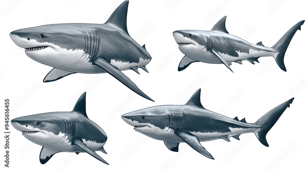 Set of realistic Great white Shark the famous predator in the ocean isolated on transparent background Set of realistic Great white Shark the famous predator in the ocean isolated on transparent background