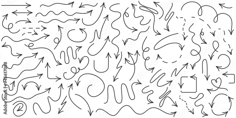 Collection of diverse black vector arrows in hand drawn style, including wavy, curved, and straight designs Arrow set for infographics, presentations, education and creative projects Collection of diverse black vector arrows in hand drawn style, including wavy, curved, and straight designs Arrow set for infographics, presentations, education and creative projects