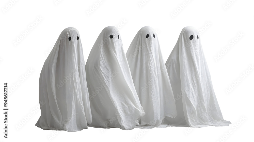Set of White sheets ghost or cloth ghost dress up for Halloween festival party event isolated on transparent background