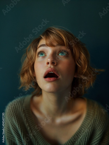 A young woman with red hair looks up in surprise. Her mouth is open in awe. The background is dark, suggesting an indoor setting or a nighttime scene.