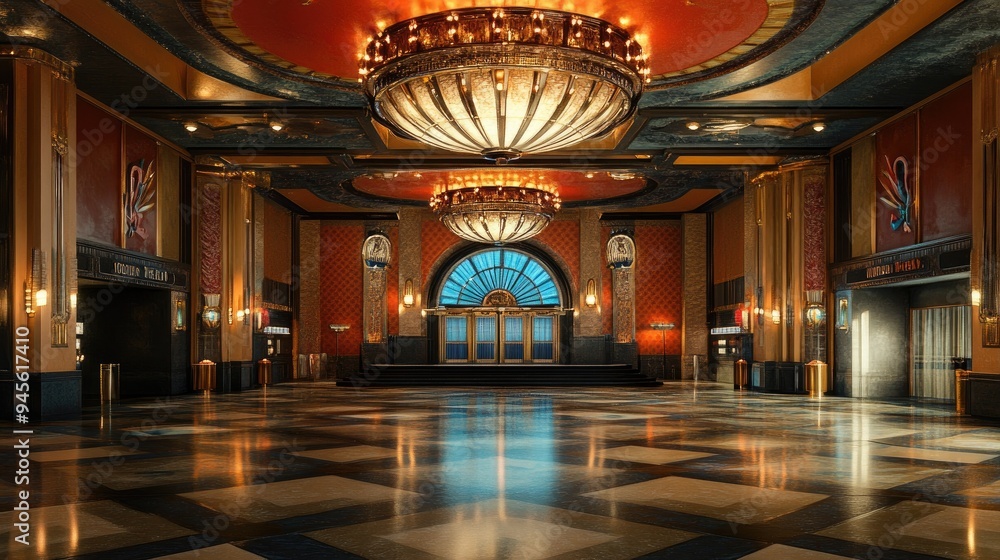 Obraz premium Movie theater lobby with an art deco design, featuring chandeliers and retro decor