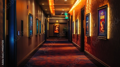 Movie posters displayed in lighted frames along the hallway leading to the theater