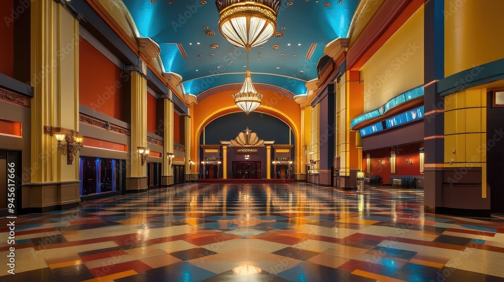 Obraz premium Movie theater lobby with an art deco design, featuring chandeliers and retro decor