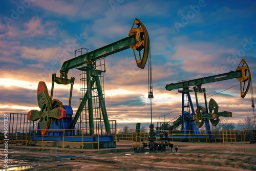 Working Pumpjacks On Sunset Working oil pumps against a sunset sky.