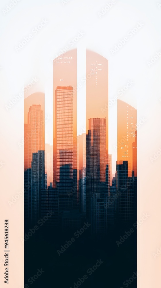 double exposure of city skyline with sunset sky and orange and black color palette double exposure of city skyline with sunset sky and orange and black color palette
