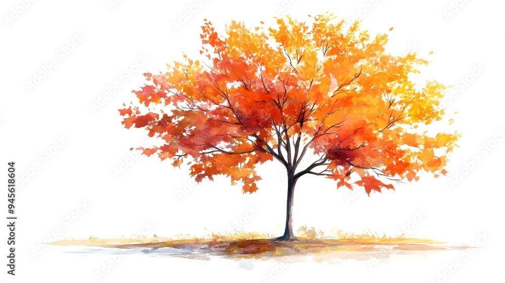 Fototapeta premium Maple tree on a white background. A vibrant watercolor illustration of a solitary tree with bright orange autumn lea