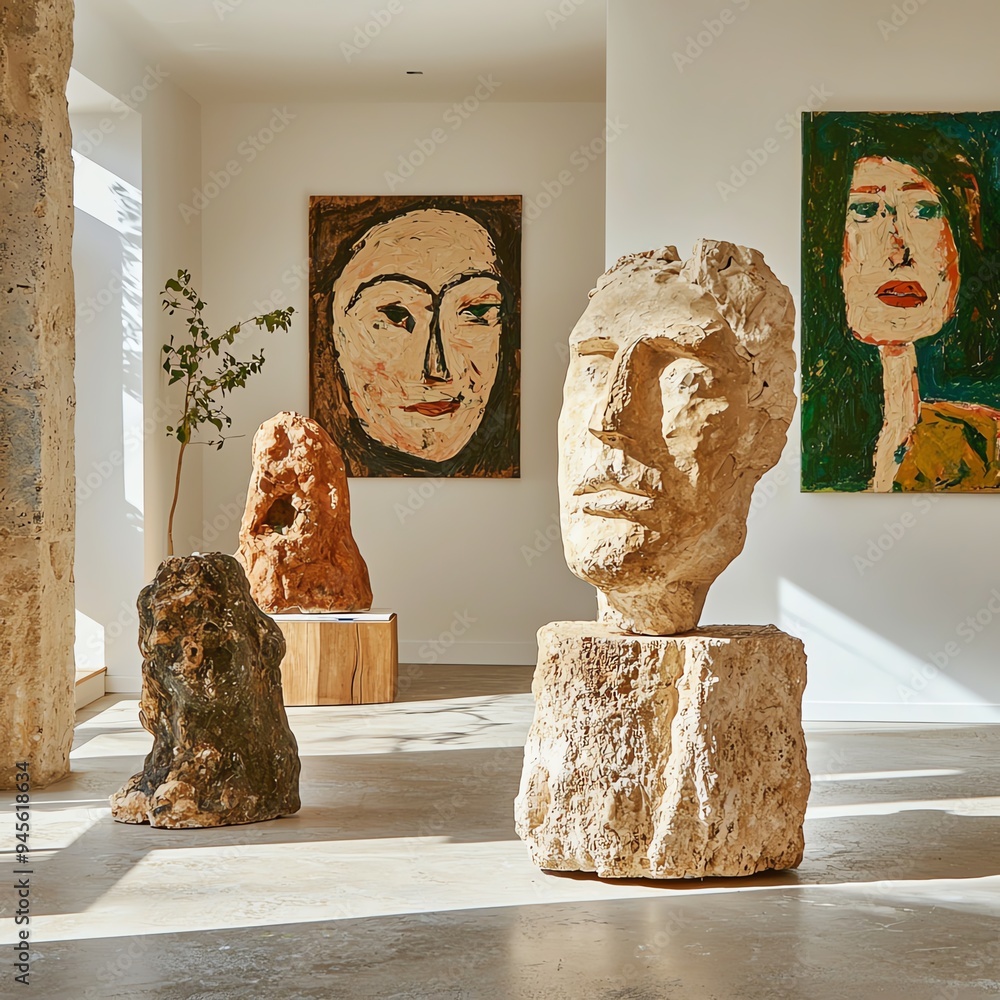 A serene art gallery with abstract sculptures and vibrant paintings, creating a unique atmosphere for art lovers and visitors.