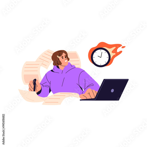 Stressed office worker missing deadline concept. Anxious employee hurries, late in paper work. Bad time management, timer in fire, burning clock. Flat isolated vector illustration on white background