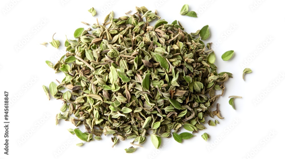 Marjoram spice ingredient on a white backgroundready for cooking with. A close-up of dried oregano le