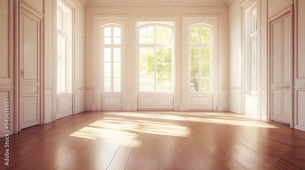 Fototapeta premium Spacious Empty Room With Wooden Flooring And Large Windows Allowing Natural Light to Flood In