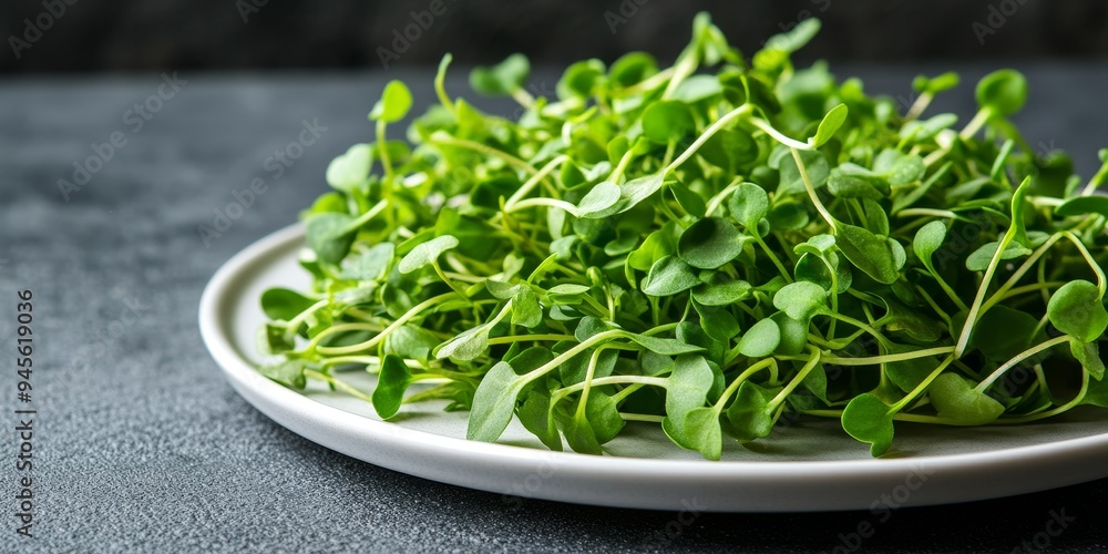 fresh green microgreens sprouting salad on white plate with gray background for healthy food concept fresh green microgreens sprouting salad on white plate with gray background for healthy food concept