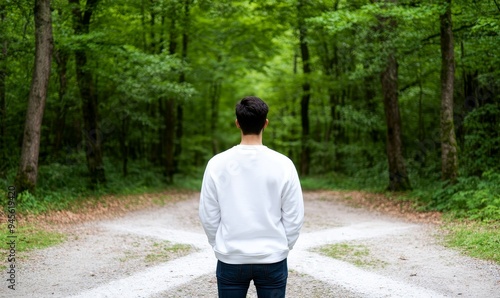 man standing at a fork in the road, choosing a path in a lush green forest, decision making, life choices, adventure and opportunity