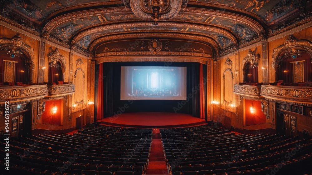 Wide-angle shot of a large movie theater auditorium, with the screen displaying the opening credits Wide-angle shot of a large movie theater auditorium, with the screen displaying the opening credits