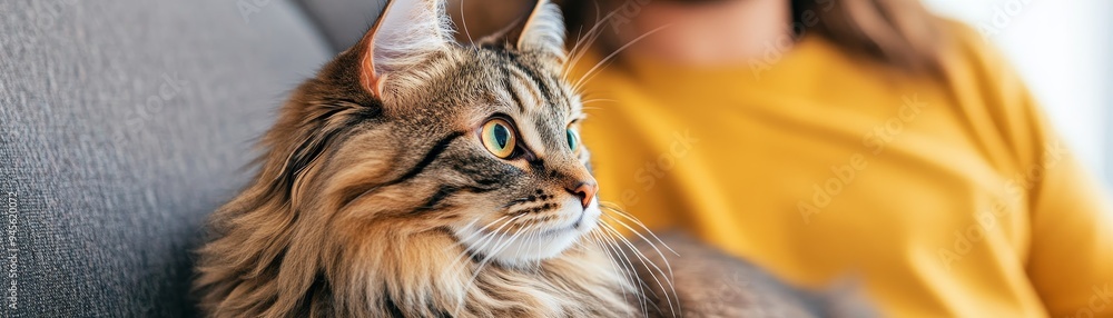 close-up of a beautiful brown tabby cat with green eyes looking at the camera, sitting on a couch with a woman in the background wearing a yellow shirt, indoor home setting, pet photography. close-up of a beautiful brown tabby cat with green eyes looking at the camera, sitting on a couch with a woman in the background wearing a yellow shirt, indoor home setting, pet photography.