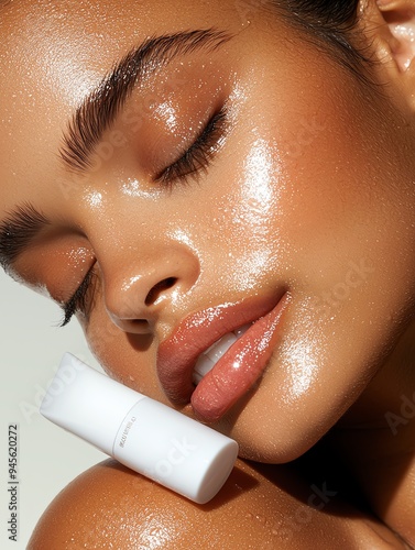 Obraz na płótnie Close-up of a radiant face with glowy skin, showcasing beauty and skincare in a natural light setting. w salonie