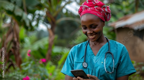 Mobile money in Africa. Mpesa. A smiling healthcare professional in scrubs, wearing a colorful headscarf, engages with her smartphone in a lush outdo photo