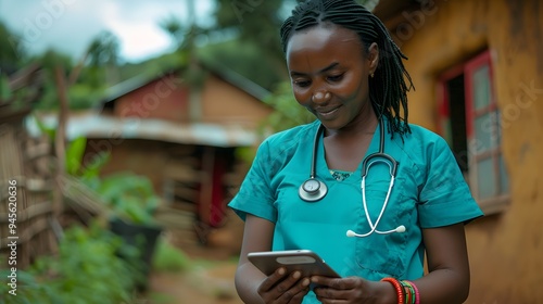 Mobile money in Africa. Mpesa. A caring female healthcare professional in scrubs looks at her smartphone, standing in a rural environment with tradit photo