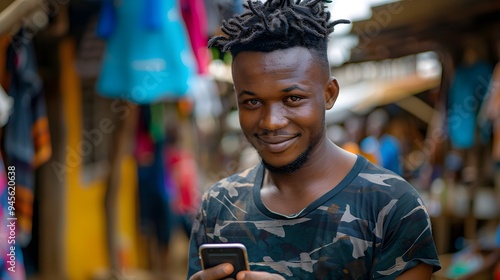 Mobile money in Africa. Mpesa. A smiling young man with trendy dreadlocks holds a smartphone while standing in a vibrant market filled with colorful  photo