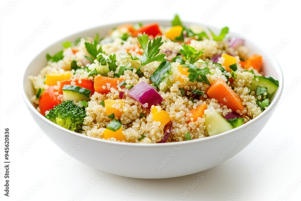A colorful quinoa salad filled with various fresh vegetables. A colorful quinoa salad filled with various fresh vegetables.