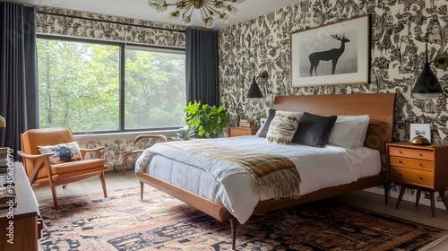 modern bedroom with vintage wallpaper retro fur. Modern bedroom with vintage wallpaper, retro furniture pieces, and classic textiles, creating a nosta photo