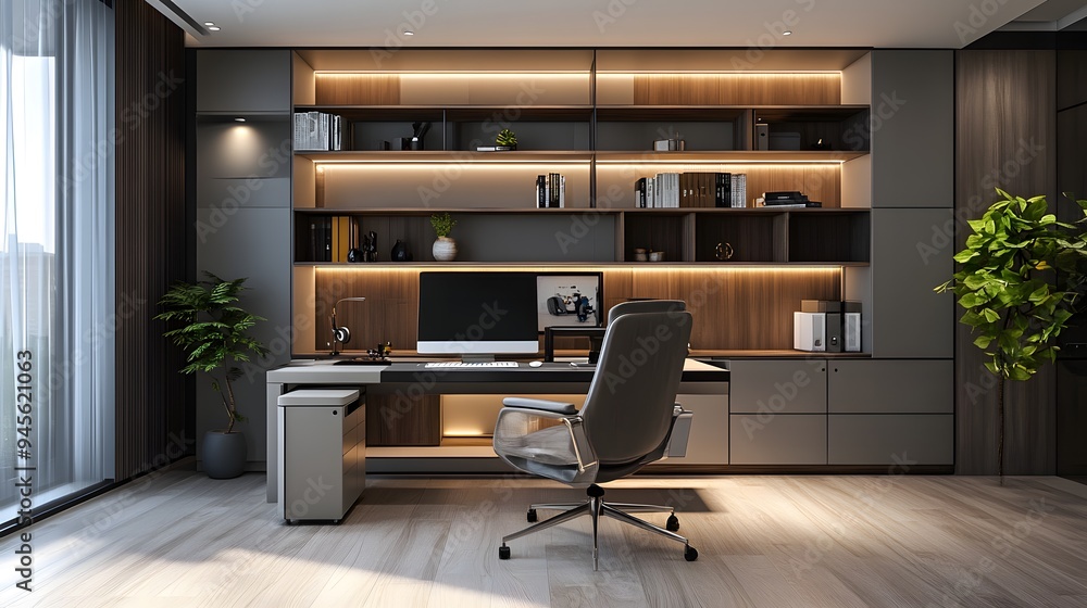 Modern home office with advanced tech features, including a built-in virtual assistant, wireless charg Modern home office with advanced tech features, including a built-in virtual assistant, wireless charg