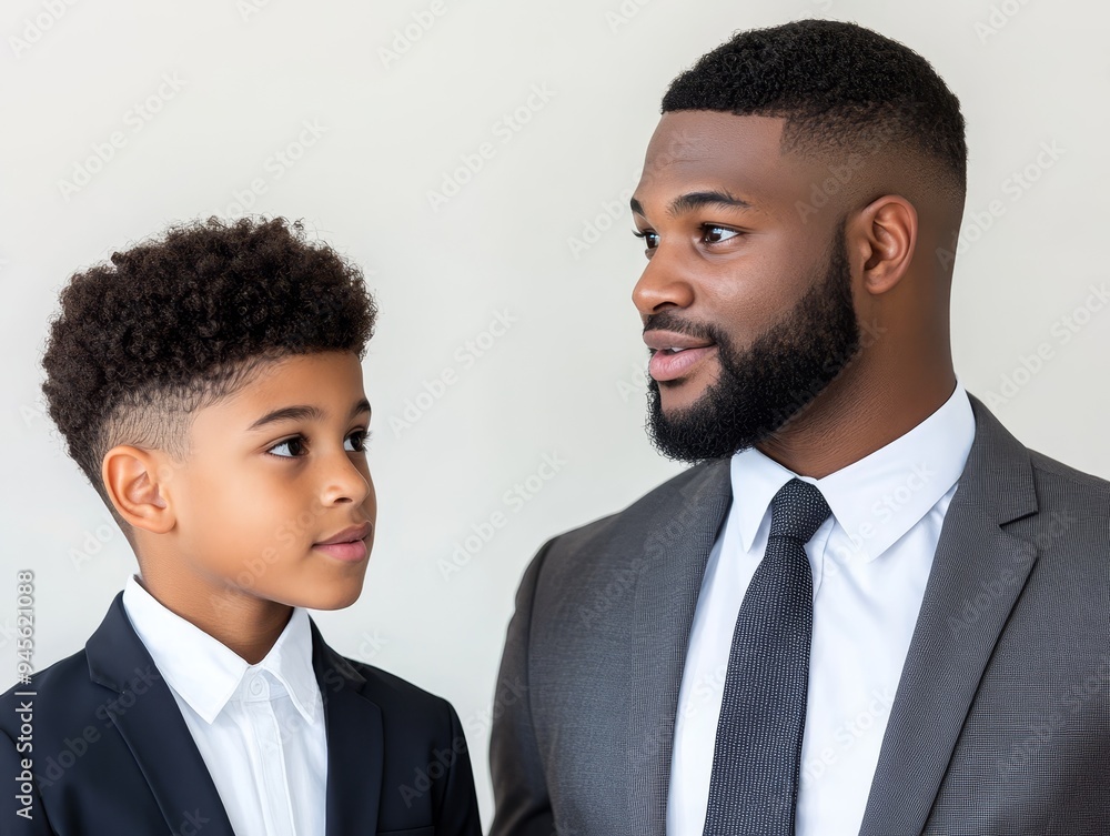 african american father and son in suits, looking at each other, communicating, business, success, family, love, bonds, generation. african american father and son in suits, looking at each other, communicating, business, success, family, love, bonds, generation.
