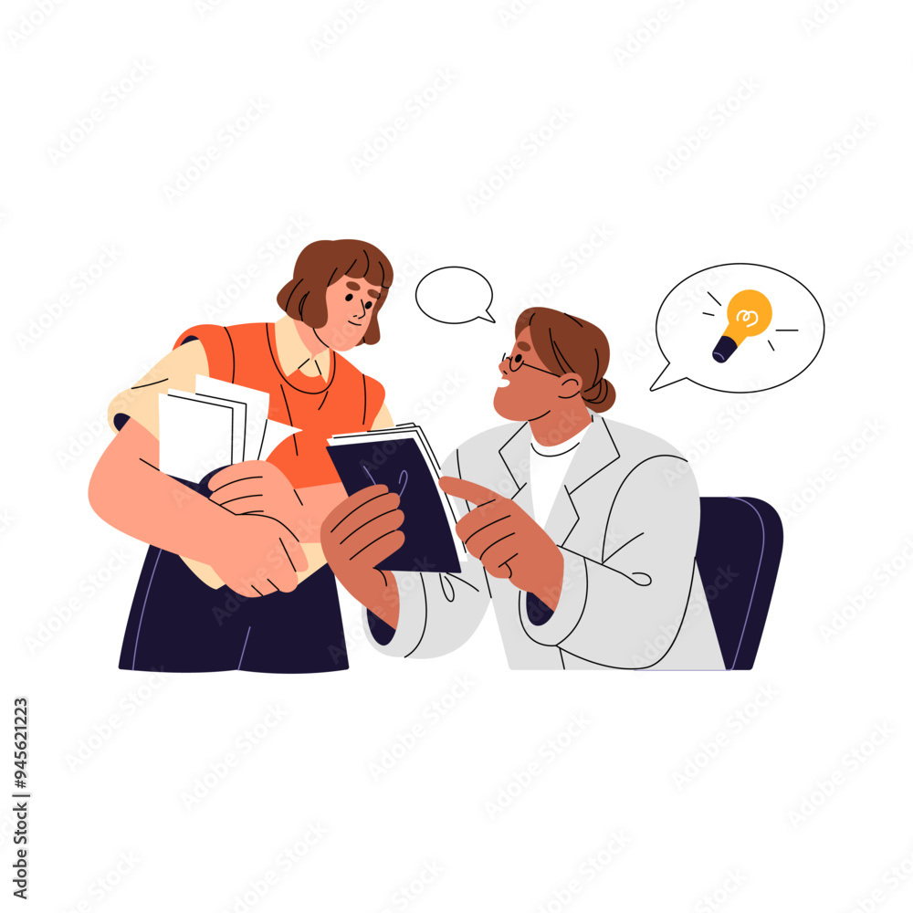 Student asks advice from teacher. Leader shares ideas, thought, gives answer on questions. Mentor assists employee. Office workers work together. Flat isolated vector illustration on white background Student asks advice from teacher. Leader shares ideas, thought, gives answer on questions. Mentor assists employee. Office workers work together. Flat isolated vector illustration on white background