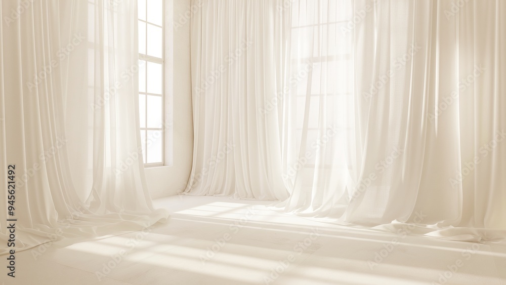 Empty room with light beige windows and curtains Empty room with light beige windows and curtains