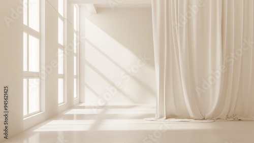 Empty room with light beige windows and curtains