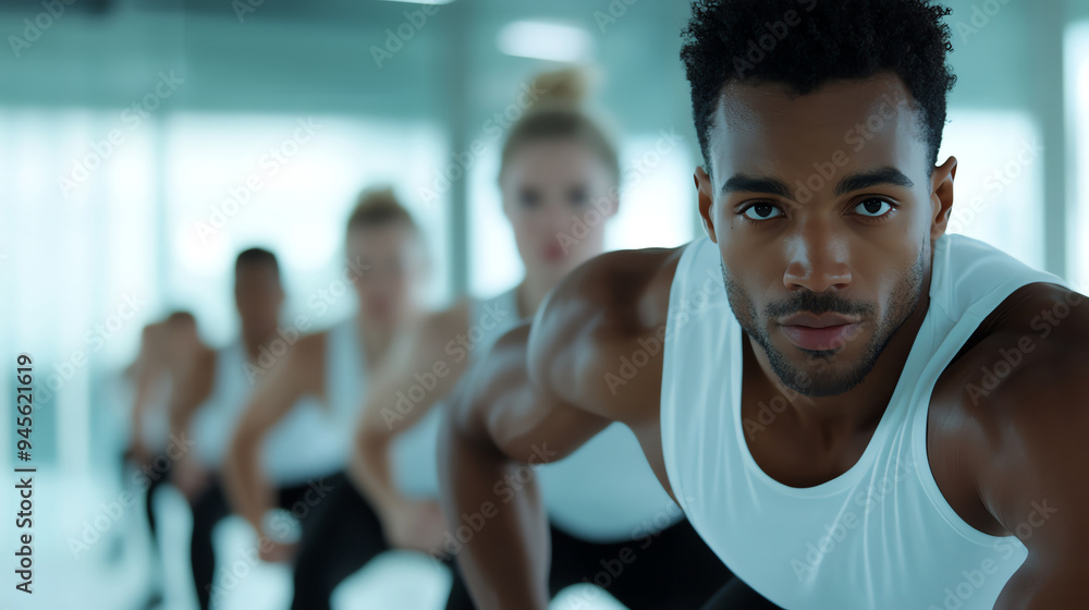 A group performing mountain climbers in unison during a HIIT class A group performing mountain climbers in unison during a HIIT class