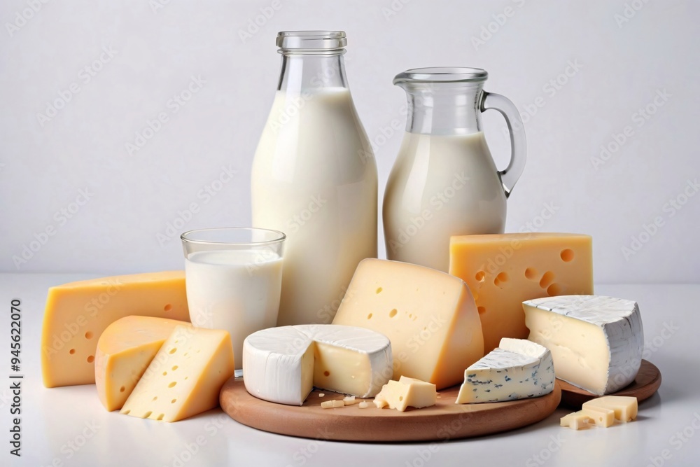 Milk, cheese, and dairy products on white background. Milk, cheese, and dairy products on white background.