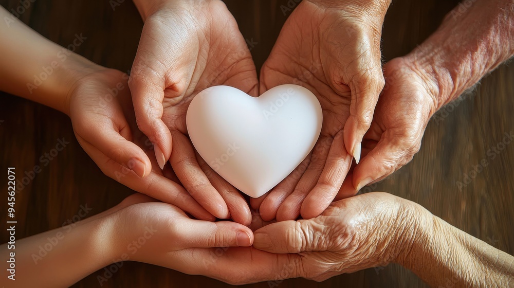 Close-up of hands from different generations gently holding a white heart, symbolizing love, care, and connection across ages. Close-up of hands from different generations gently holding a white heart, symbolizing love, care, and connection across ages.
