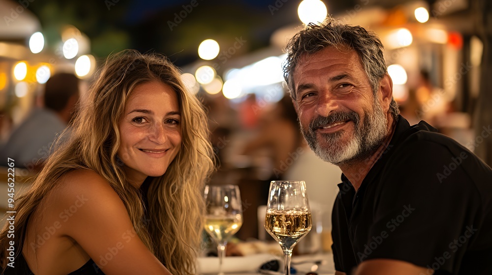 A couple smiling at a dinner table with wine glasses in a lively outdoor setting.