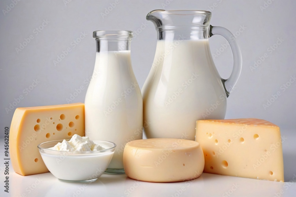 Milk, cheese, and sour cream on a white background. Milk, cheese, and sour cream on a white background.