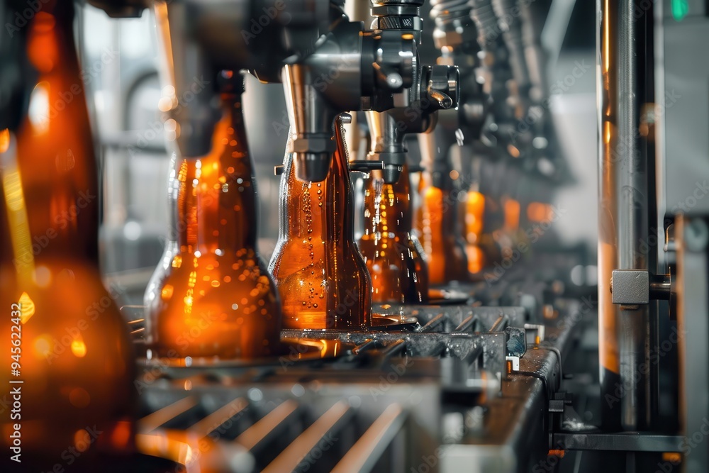 Close-up on a bottling machine operating at a beer factory Close-up on a bottling machine operating at a beer factory â industrial concepts Close-up on a bottling machine operating at a beer factory Close-up on a bottling machine operating at a beer factory â industrial concepts