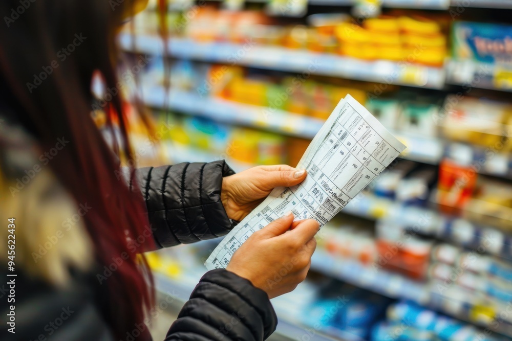 Checking the bill Woman checking the bill when paying at a supermarket Checking the bill Woman checking the bill when paying at a supermarket