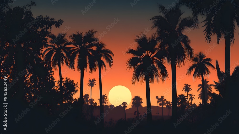 Obraz premium palm tree silhouettes. A serene silhouette of palm trees against a vibrant sunset, creating a tranquil tropical atmosphere. 