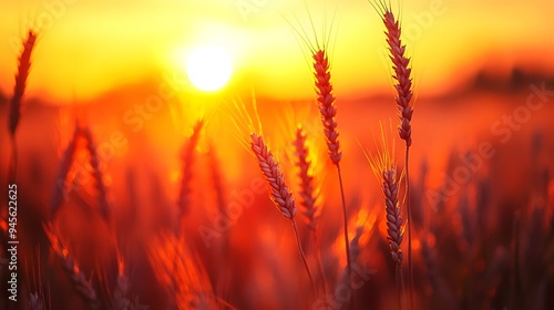 photo of wheat at sunset. A stunning golden sunset casts a warm glow over a field of wheat, highlighting the delicate textures of the grains. 