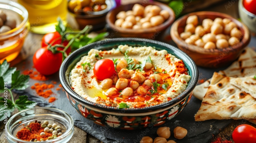 Delicious hummus with chickpeas, paprika, and olive oil, served in a colorful bowl with pita bread. Delicious hummus with chickpeas, paprika, and olive oil, served in a colorful bowl with pita bread.
