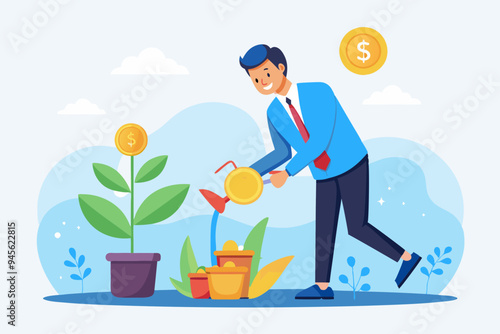 Investment growth, investing for financial independent or financial freedom, mutual fund or growth stock, saving or earning profit concept, businessman hand put money coin on growing money seedling. S