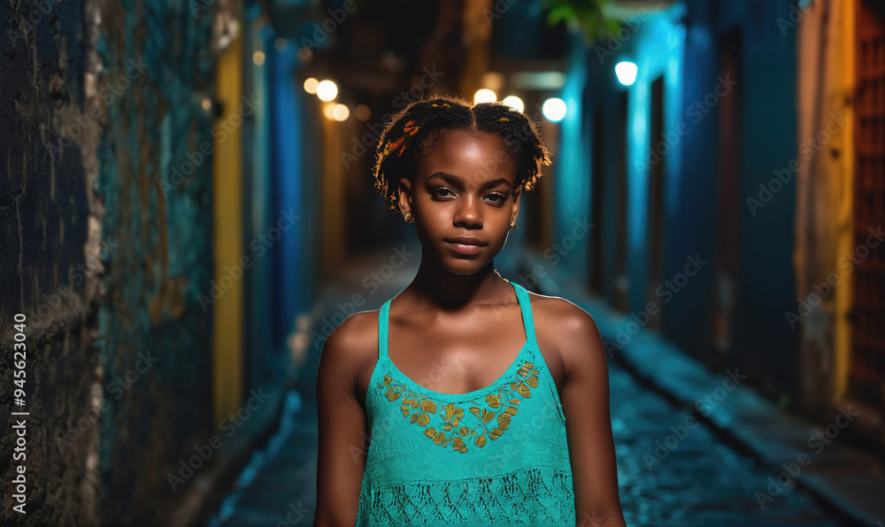 Naklejka premium A young woman stands in a dimly lit alleyway, illuminated by streetlights