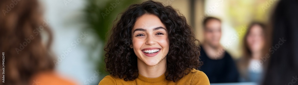 portrait of a smiling young woman with curly hair in a casual setting. portrait of a smiling young woman with curly hair in a casual setting.