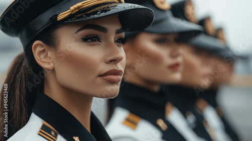 Beautiful young girl officer, Russian police, military, parade of girls in uniform and jackets and officer's caps photo