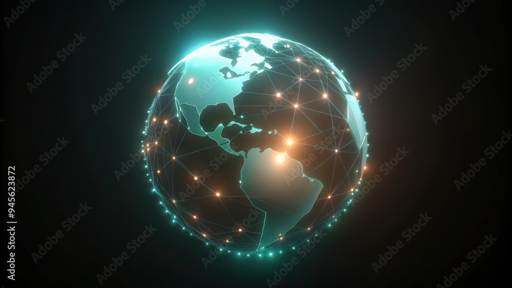 Fototapeta premium A glowing, wired globe with continents outlined and illuminated points