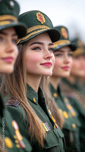 Beautiful young girl officer, Russian police, military, parade of girls in uniform and jackets and officer's caps photo