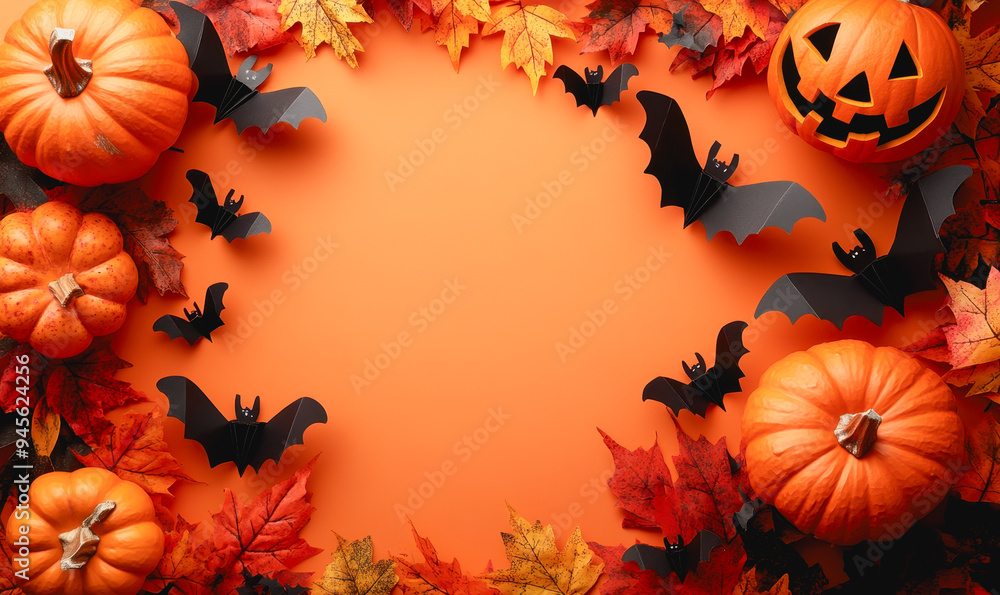 Halloween themed scene with pumpkins, black bats, autumn leaves, and a bright orange background Halloween themed scene with pumpkins, black bats, autumn leaves, and a bright orange background
