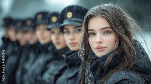 Beautiful young girl officer, Russian police, military, parade of girls in uniform and jackets and officer's caps photo